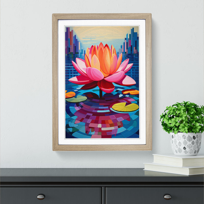Water Lily Constructivism Art - Framed Print, 64cm H x 46cm W, Oak Framed