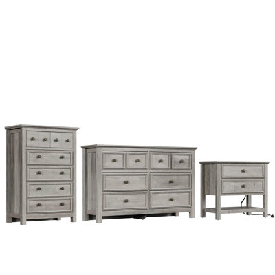 Kerstetter 3 Pieces Bedroom Set Include 8 Drawer Dresser, 6 Drawer Tall Chest And One 2-drawer Nightstand With Charging Station,gray