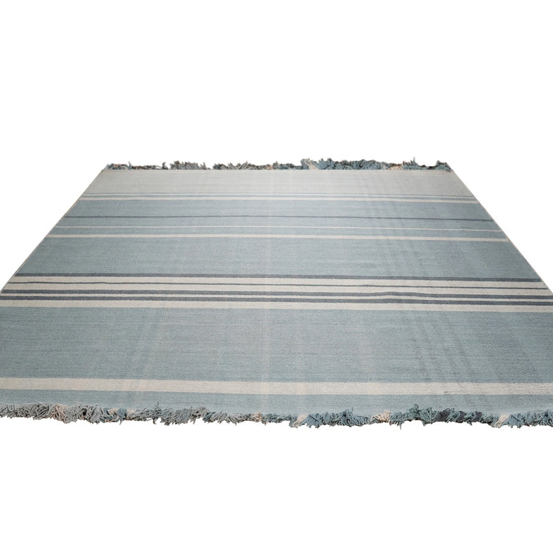 Tapis en laine noué à la main à motif géométrique contemporain à rayures bleues, 10 pi x 14 pi