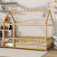 Lit simple en bois pour plancher de maison simple avec structure de toit, barrières de sécurité, naturel (ancien numéro de référence W504P286404)-273610593