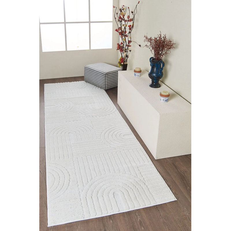 Luxurious White Area Rug, 4.0 x 11.5 Feet | 100% Polypropylene, 1.7 cm Pile Height | Machine Woven, Non-Slip Dot Underside, Antibacterial | Perfect for Living Room, Bedroom, and Dining Areas, Easy to Clean