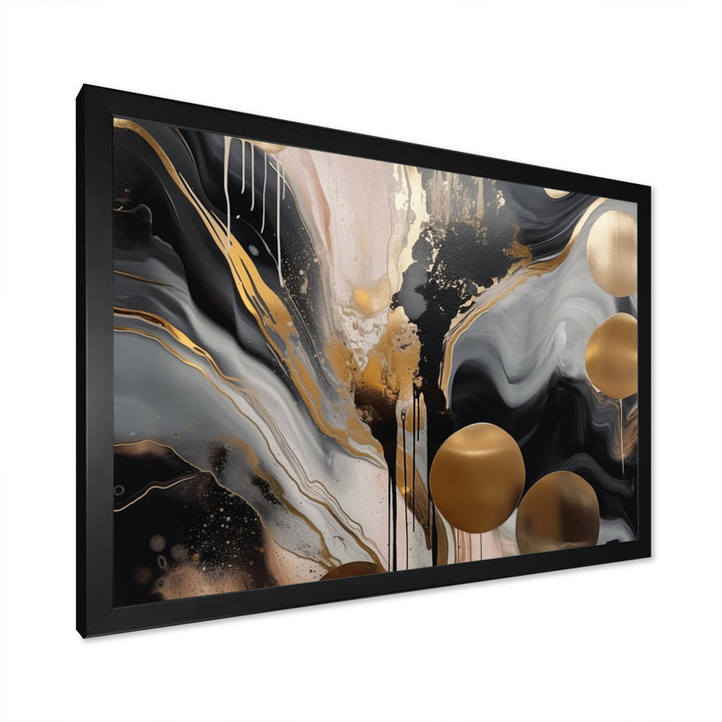Marbre gris et doré captivant - art abstrait sur toile marbrée, Cadre photo unique, Noir, H 16 po x l 32 po