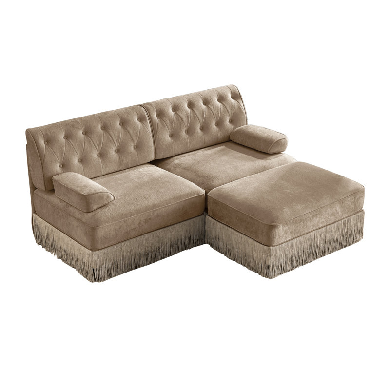 Canapé modulaire en forme de L en velours avec jupe à pampilles Chesterfield, Velours havane