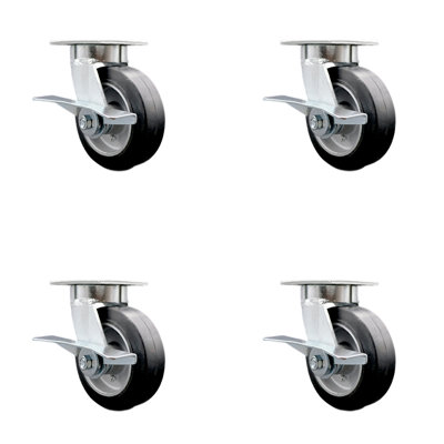 6 Inch Kingpinless Rubber on Aluminum Wheel Swivel Caster Set with Brakes SCC