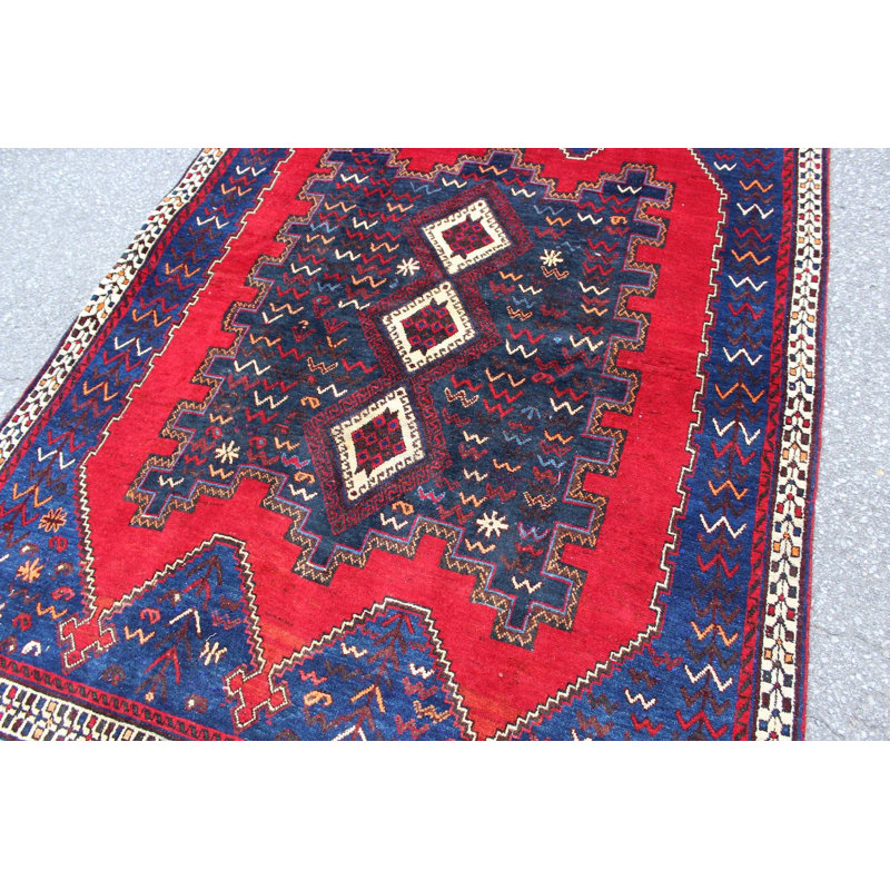 Tapis unique en laine noué à la main de style années 1940 de 5 pi x 6 pi 3 po en bleu / rouge / brun