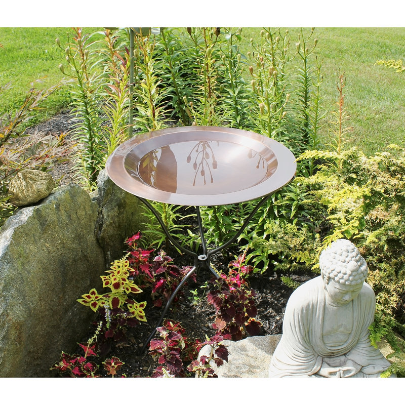 24" Antique Copper Birdbath with Wrought Iron Stand