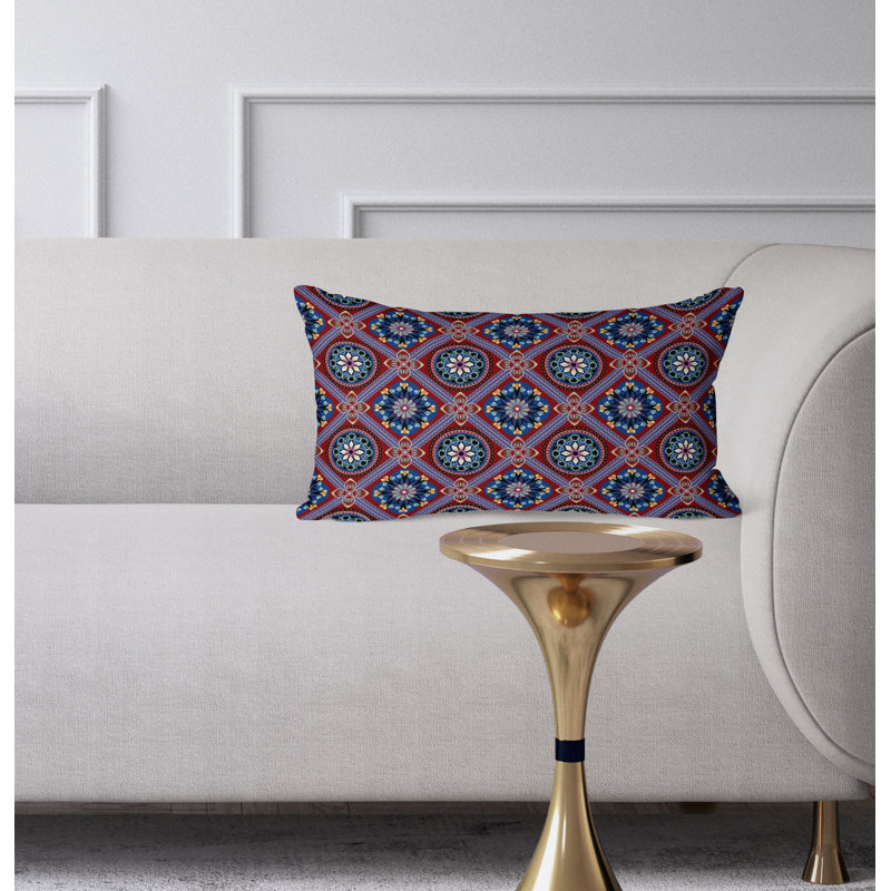 Mandala Floral Tiles  Rectangular Throw Pillow, Blue/Red