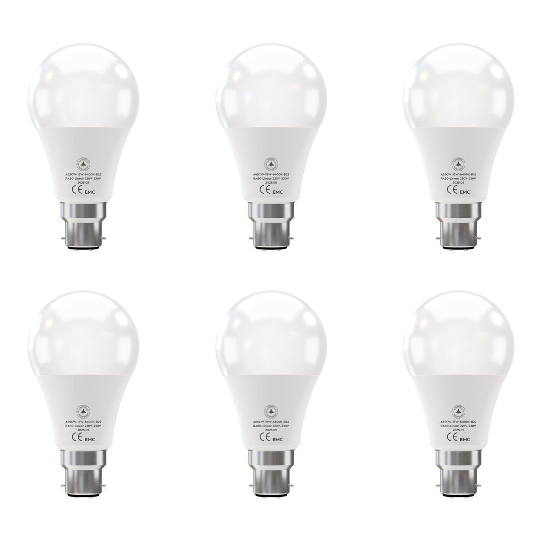 6 Pack Bayonet LED Light Bulb 15W(60w Equivalent), B22 LED Bulbs Cool White 6400K Bright Light, Non-Dimmable A65 BC GLS Energy Saving Bulb Lightbulb,