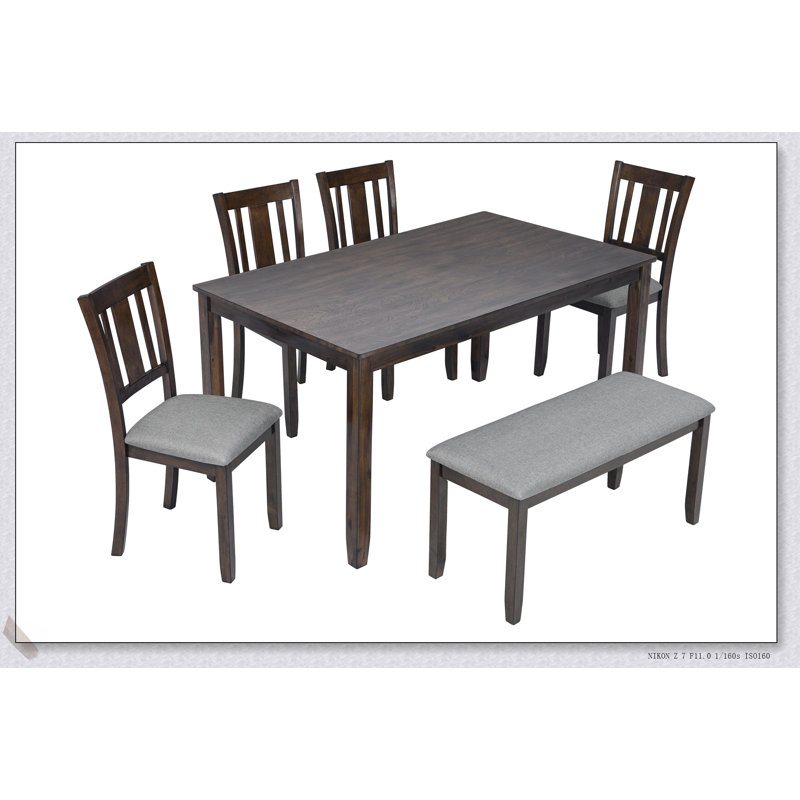 Ensemble de salle à manger 6 pièces rectangulaire en bois avec chaises rembourrées et banc, idéal pour les maisons modernes et polyvalentes
