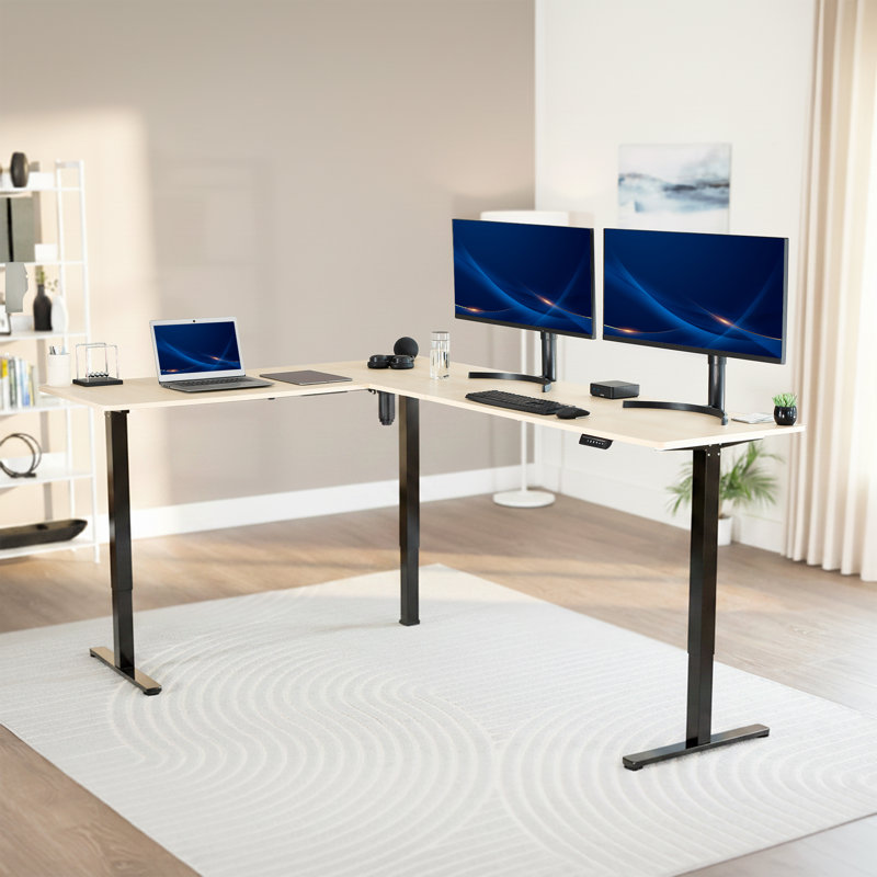 Bureau d'angle électrique VIVO, poste de travail en L, Bois clair / noir, L 84,6 po x P 63 po