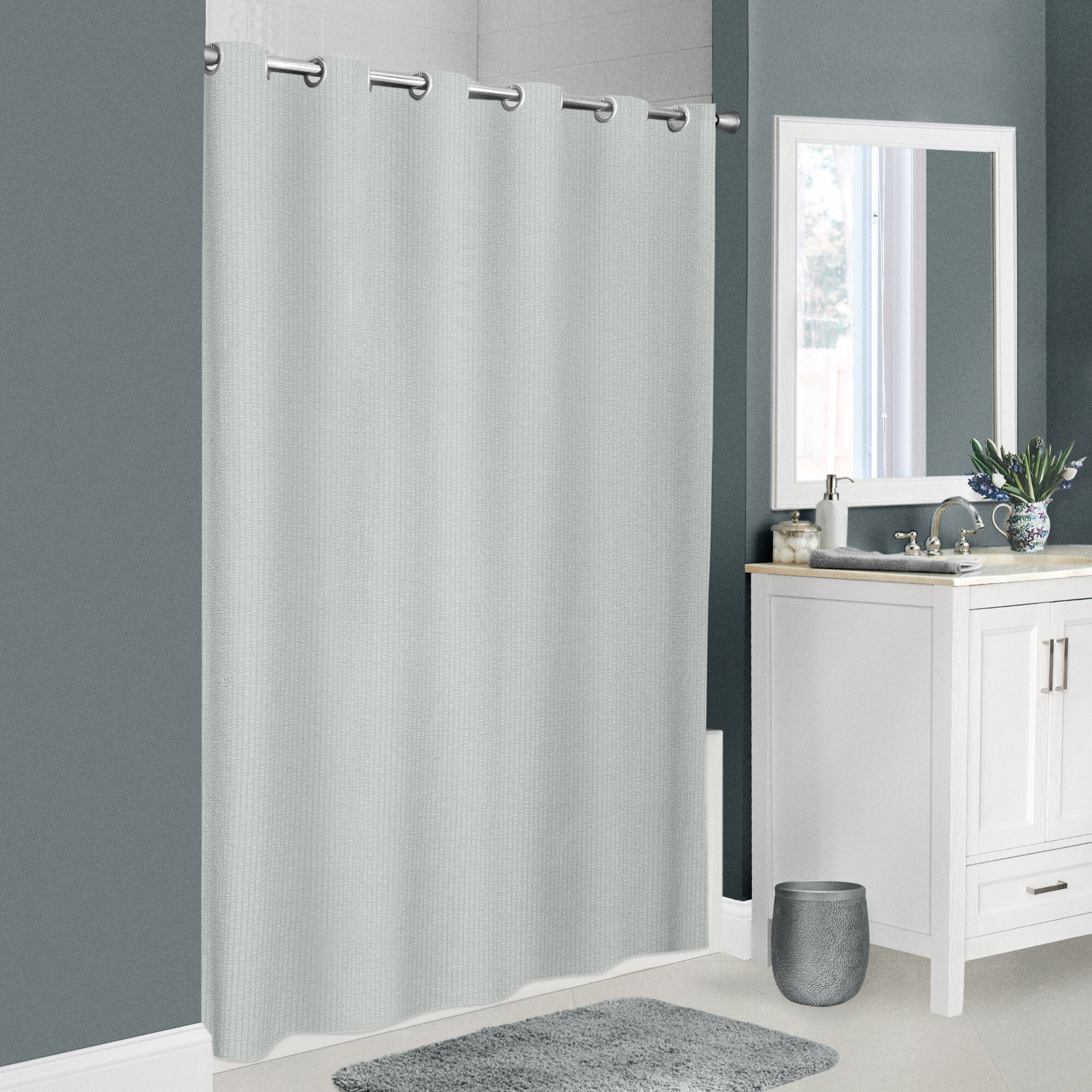Cameo Hookless Striped Fabric Single Shower Curtain Latitude Run Color: Gray