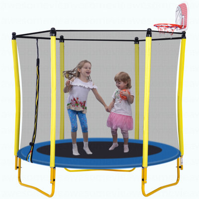 5.5FT Trampoline For Kids - 65" Outdoor & Indoor Mini Toddler Trampoline With Enclosure, Basketball Hoop And Ball Included