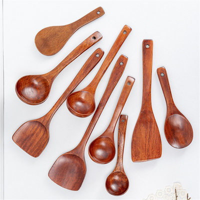 9PCS Vintage Camphorwood Cooking Utensil Set: Non-Stick Skillet Spatula, Wok Spatula, And Ladle With Long Wooden Handles