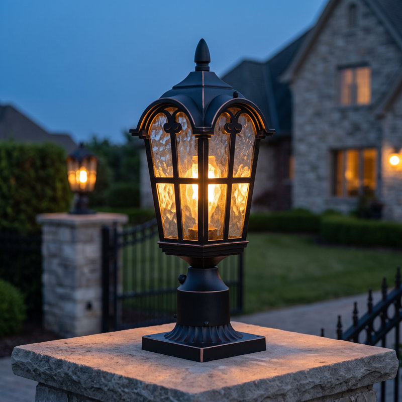 Lanterne de poteau d'extérieur Dusk To Dawn, lampadaire extérieur en verre Water Ripple, base E26, noir