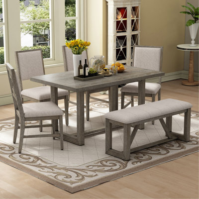 Ensemble de table de salle à manger 6 pièces pour 6, table de cuisine en bois de 60 po et 4 chaises avec banc et base en tréteaux pour la cuisine et la salle à manger