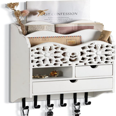 Solid Wood Wall Organizer with Key Hooks and Mail Storage