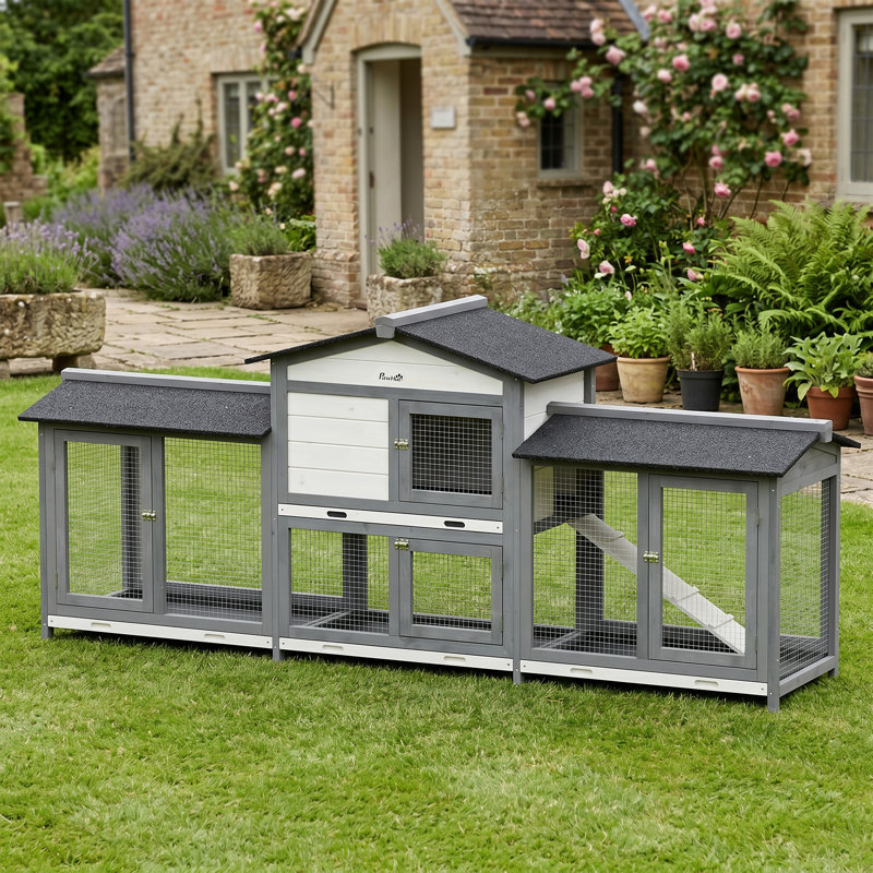 Large Rabbit Hutch 2Tier Wooden Ramp 230 x 53 x 935cm Light Grey