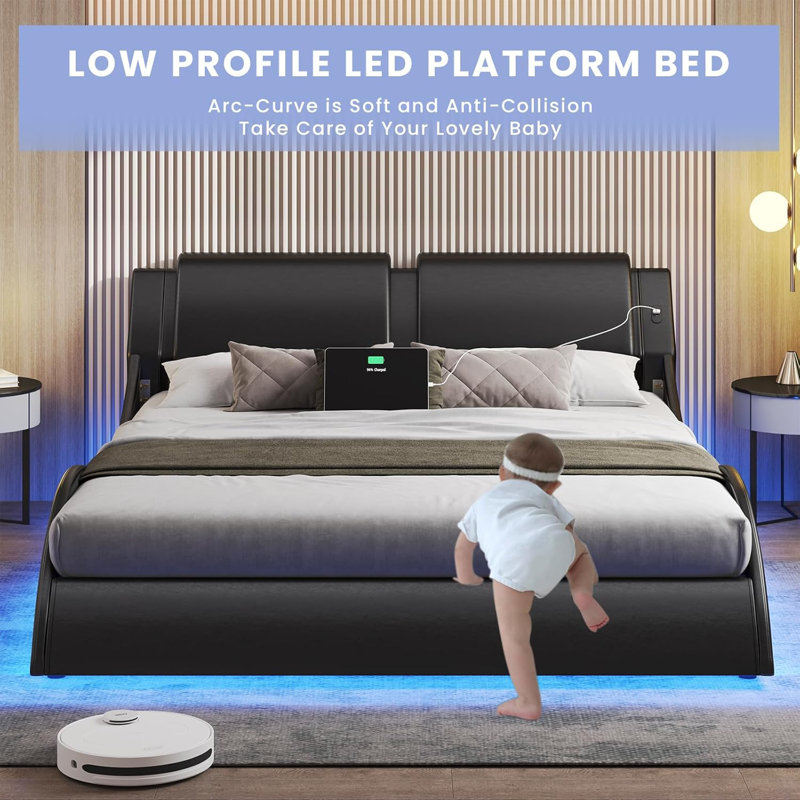 Led Bed Frame With Charging Ports And Headboard Modern Low Profile Platform Bed Frame With Led Lights Wave Like Curve Led Bed Frame,wood Slats Support,easy Assembly,black
