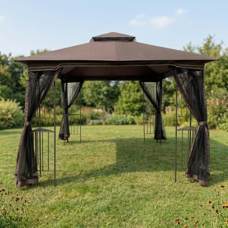 Outdoor Patio Canopy Tent Measuring 10x10 Feet, Features Ventilated Double Roof and Detachable Mosquito Netting on All Sides, Suitable for Lawns, Gardens, Backyards, and Decks, Brown Top