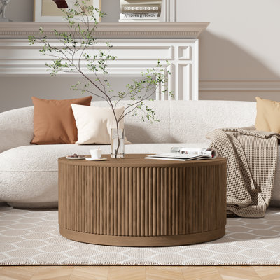 Fynlee 36"W Round Coffee Table With Ash & Oak, Handcrafted Solid Wood Fluted Design