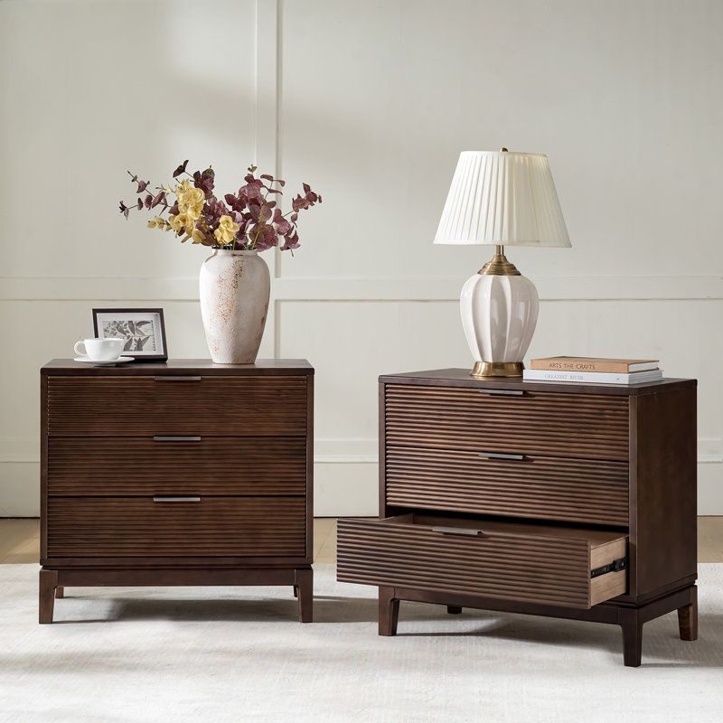 Woolsey Mid-Century Modern 28"W 3-Drawer Fluted End Table with Charging Station, Walnut