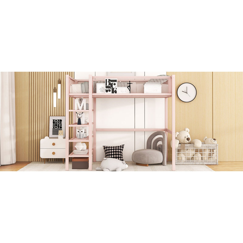 Lit mezzanine simple en métal rose - 4 tablettes et tablette de rangement latérale, Lit simple, Rose