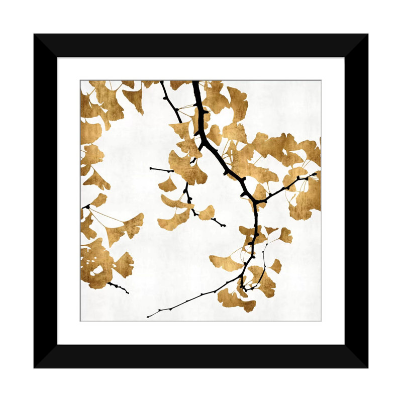 «Ginkgo in Gold II», impression sur toile, H 16 po x l 16 po x P 1 po, Papier d'art encadré noir, Blanc