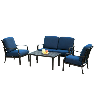 Patio With Metal Frame - Thickened Cushions & Removable Navy Blue Covers Garden Lawn Dining Furniture , Comfy For Outdoor And Indoor