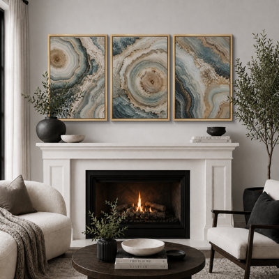 Blue Beige Agate Geode Artwork, Living Room Pictures, Framed Canvas Giclee Print 3 Pieces Wall Art