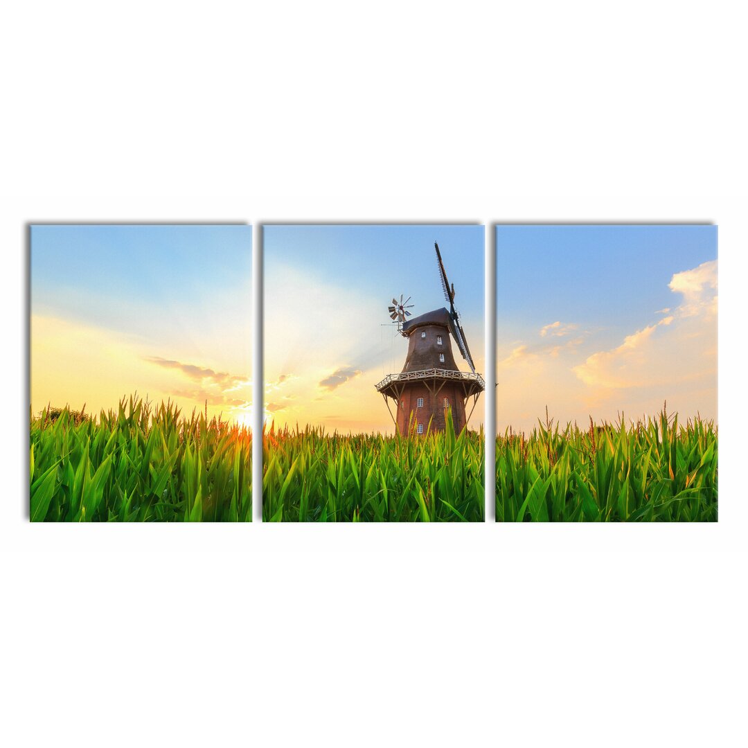 3-tlg. Leinwandbilder-Set Schöne Windmühle auf dem Feld