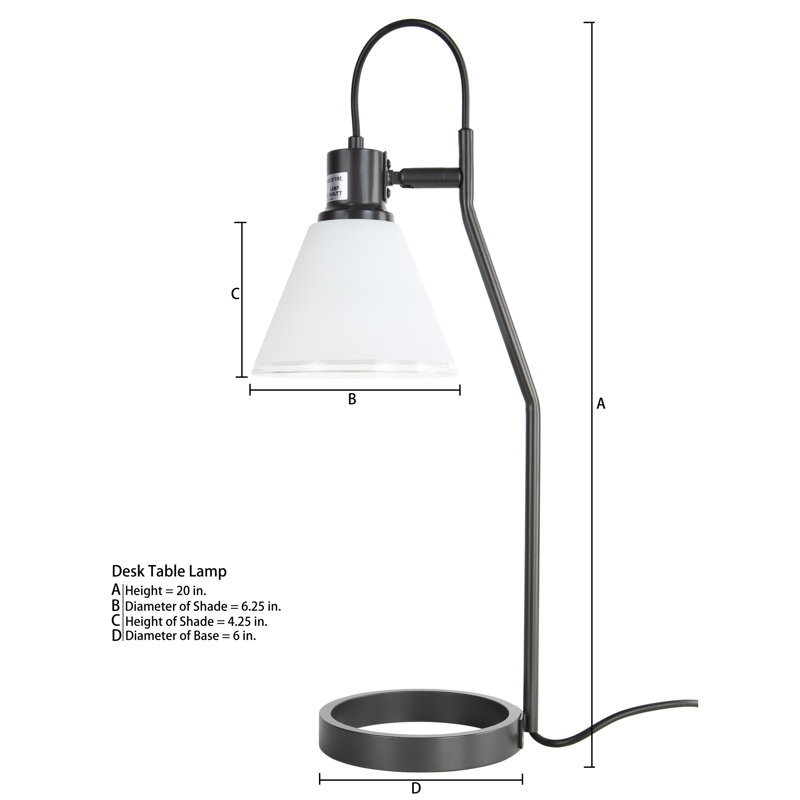 Modern 20" Adjustable Desk Lamp - Industrial Iron Ring Base, Frosted White Glass Shade with Clear Edge, Minimalist Task Light for Home Office & Bedroom