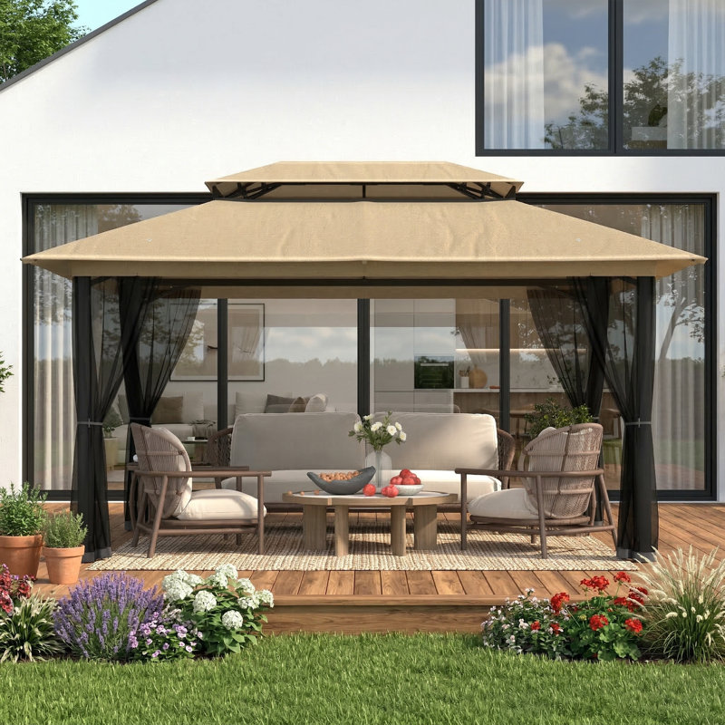 10X13 Gazebo, Outdoor Patio Gazebo With Mosquito Netting, Double Roof Metal Gazebo, Canopy For Backyard Covered Patio, Heavy Duty Gazebo Outdoor For Garden Deck Lawn,Khaki