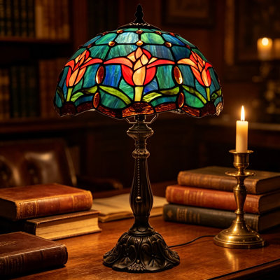 Lampe de table en verre coloré de style Tiffany, abat-jour tulipe de 12 po de largeur, lampe de chevet haute de 19 po avec interrupteur à fermeture à glissière, certifiée UL