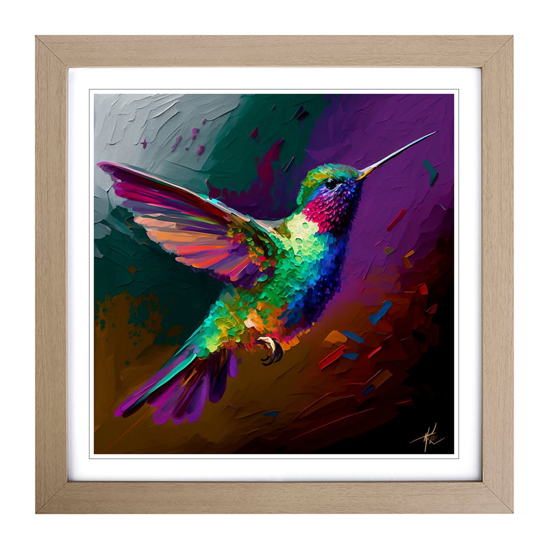 Hummingbird Fauvism - Single Picture Frame Print on Wood, Oak
