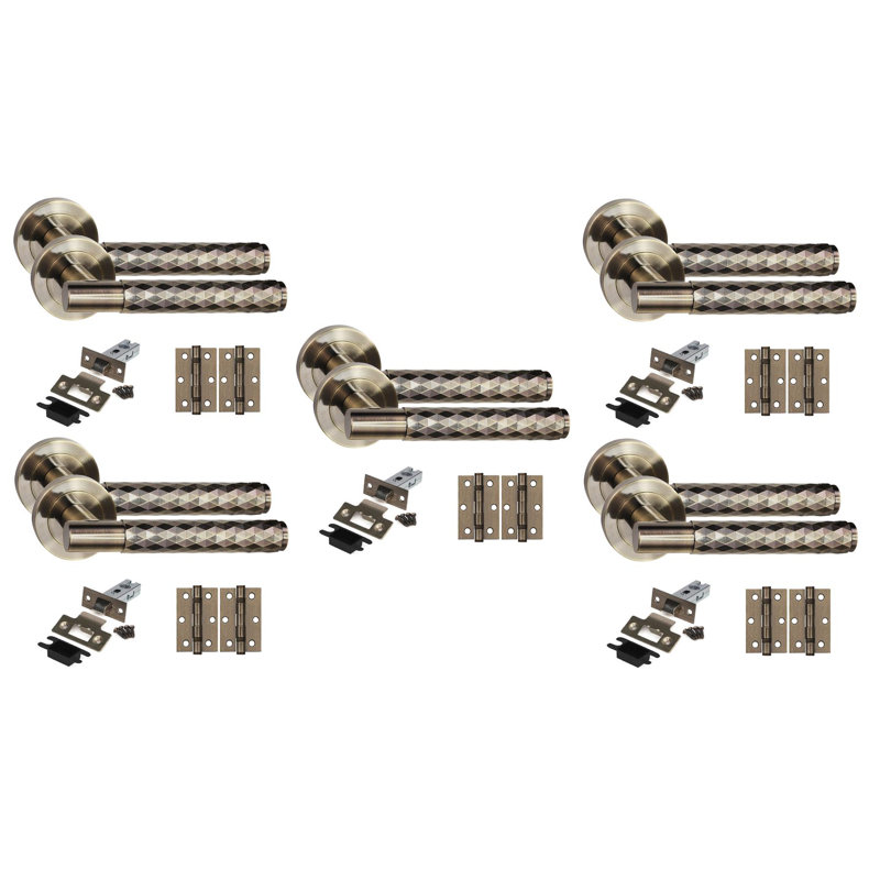 Golden Grace 5 Set Knurled Diamond Cut T-Bar Door Handle Set with Ball Bearing Hinges and Latch