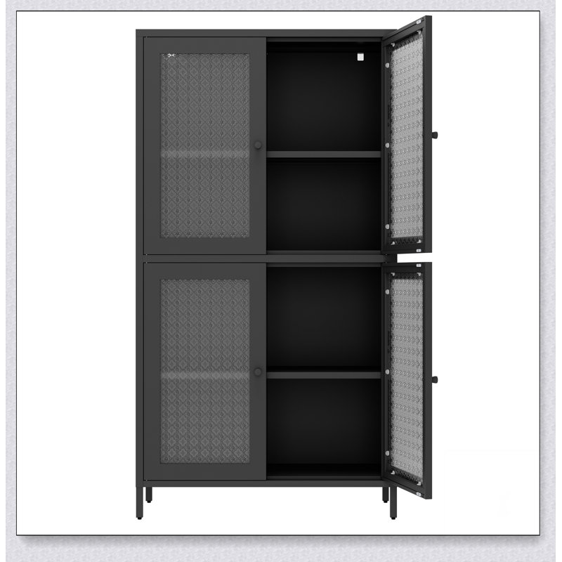Classic Metal Storage Cabinet Display Cabinet with 4 Glass Doors 4 Shelves Cabinet Freestanding Bookcase Side Cabinet for Home Office Living Room Kitchen Hallway - Black, Begonia Flower Tempered Glass