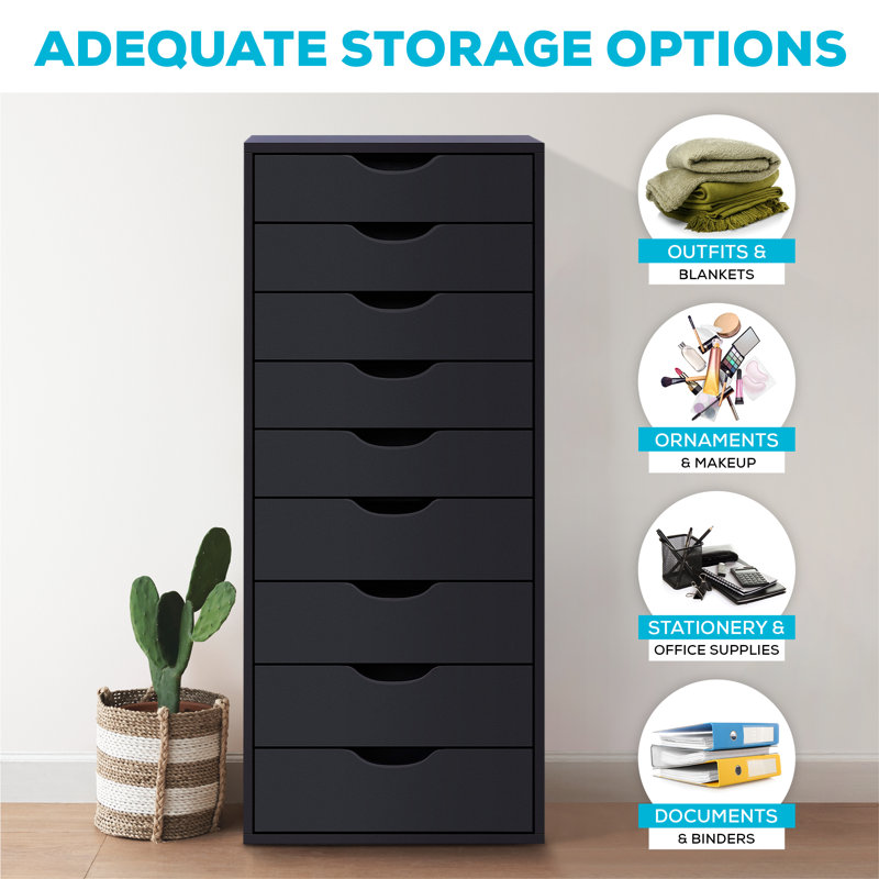 Wollstone 9-Drawer Wide Wooden Filing Cabinet – Office Storage Organizer, Black