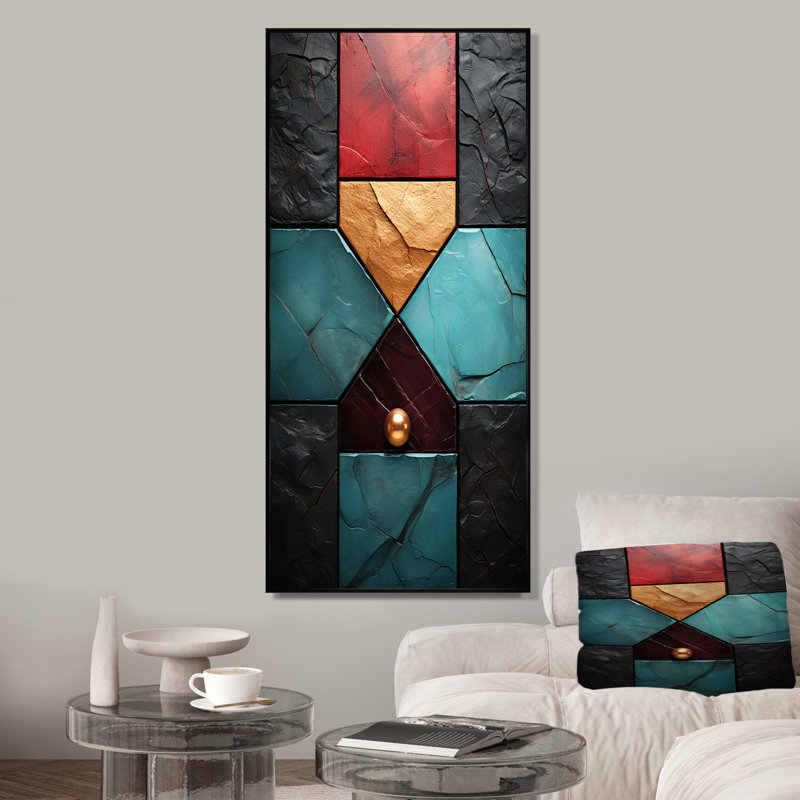 Carreaux à chevrons bleus et rouges Elegance I - art mural abstrait, H 60 po x l 28 po x P 1,5 po, Cadre flottant noir
