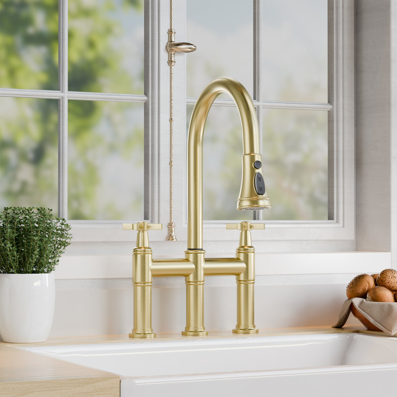 Bridge Kitchen Faucet with Cross Handle, Pull Down Sprayer, 8 Inch 3 Holes Widespread Sink Faucet, Gold