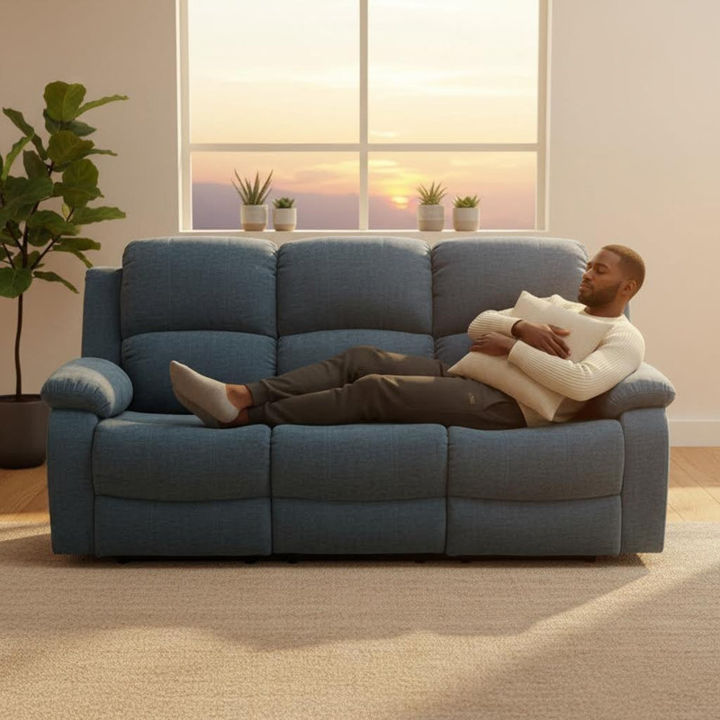 Canapé inclinable en tissu bleu clair à 3 places avec table rabattable et porte-gobelets, fauteuil inclinable manuel pour le salon, durable et confortable