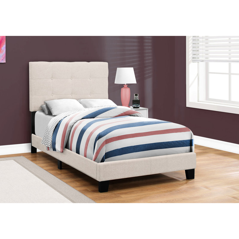 Twin Size Upholstered Bedroom Bed, Beige Linen Style Bed Frame, Solid Wood, Comfortable Foam