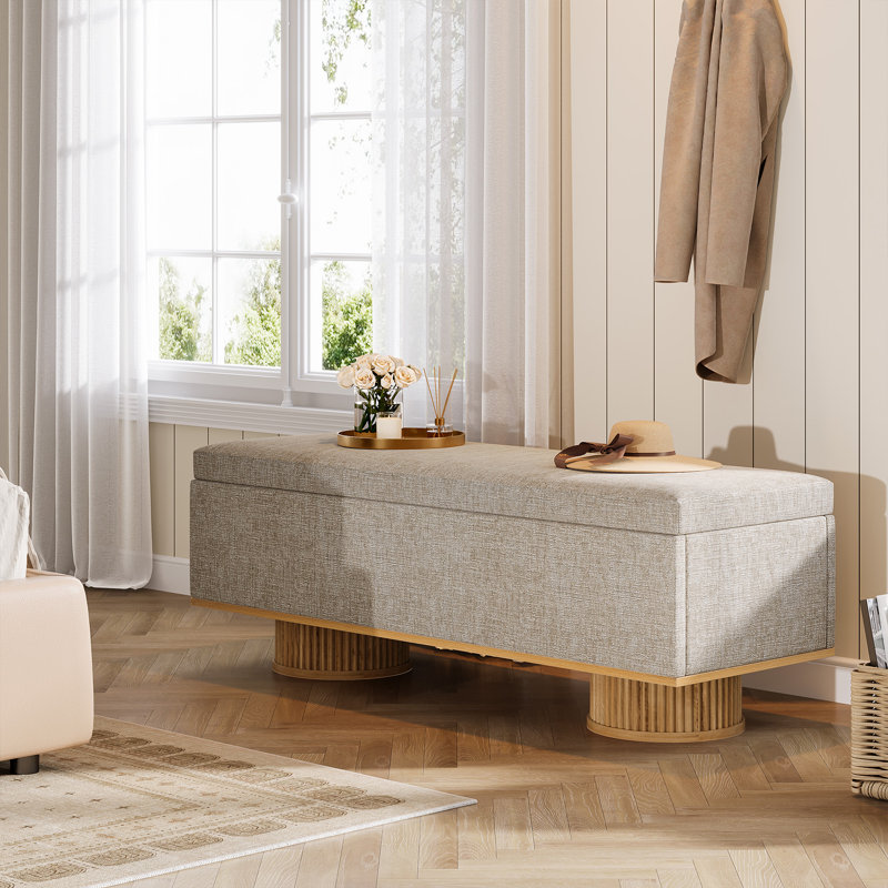 Banc de rangement rembourré 50,39 po avec siège rembourré et charnière de sécurité, capacité jusqu'à 330 lb, couleur beige et bois