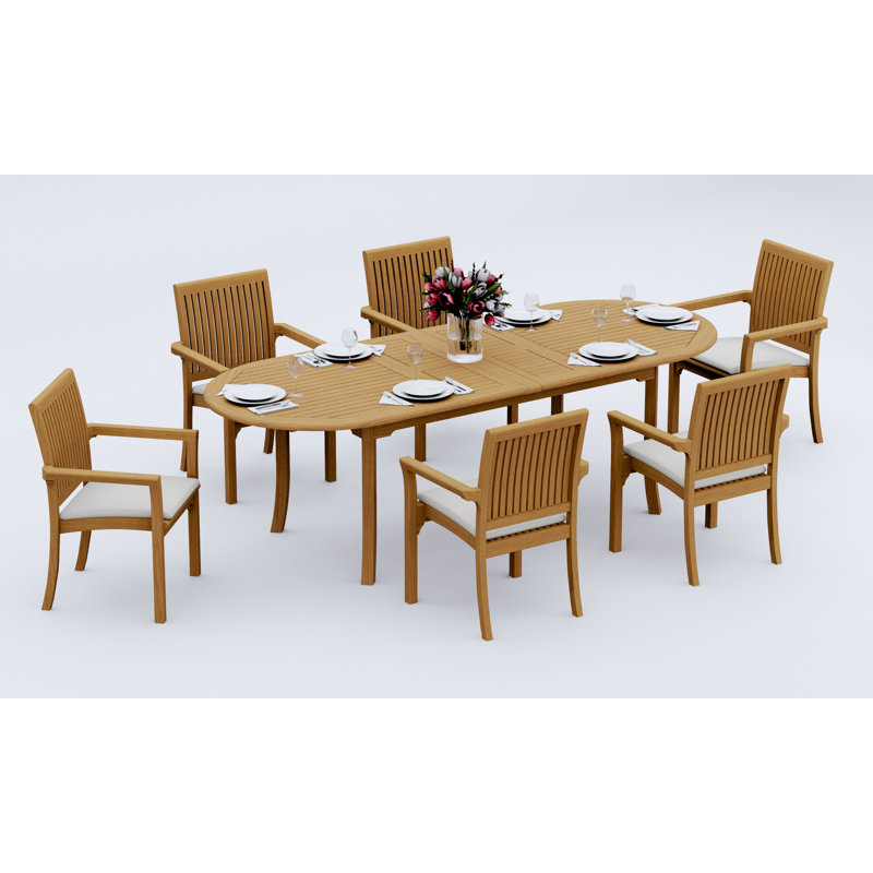 9 Pcs Grade-A Teak Wood Dining Set: 94" Double Extension Oval Table And 8 Lua Stacking Arm Chairs #11LU2208, 6