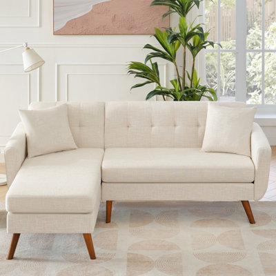 L Shaped Couch Sofa, Mid-Century Modern Sectional Couches For Living Room, 3 Seat Couch With Wide Chaise Lounge & Two Pillows,Button Tufted Upholstere -  George Oliver, 5685561B58524A17A4228D81044C4DB5