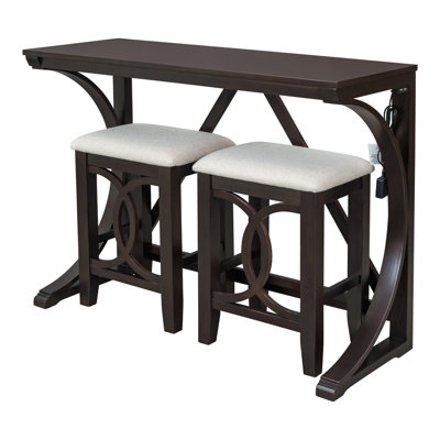 Ensemble de table de salle à manger à hauteur de comptoir 3 pièces Farmhouse avec ports de charge USB et Type-C, table de cuisine 47 po et 2 tabourets rembourrés, ensemble de bar rustique pour petits espaces