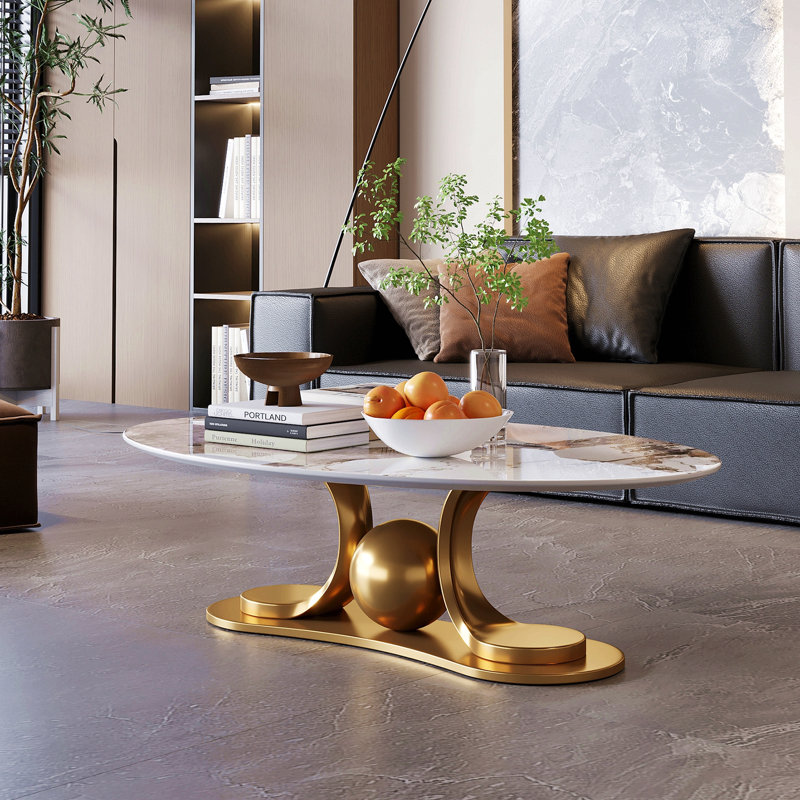Table basse en métal doré avec piédestal en acier inoxydable et plateau en faux marbre