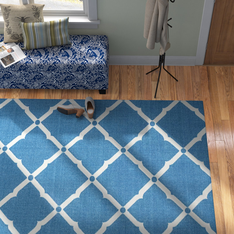 Tapis d'intérieur / extérieur à motif géométrique bleu marine / blanc, Rectangle 4 pi 3 po x 6 pi 3 po