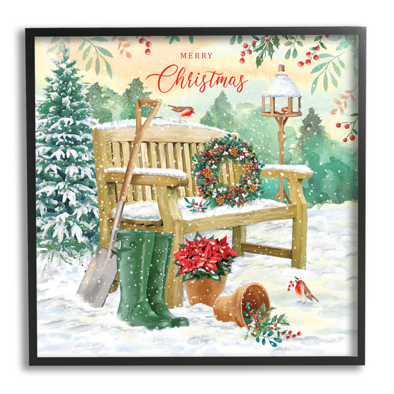 " Merry Christmas Winter Bench " by Jane Sunner Painting Print, Midnight Black Framed Giclee, 12" H x 12" W x 1,5" D