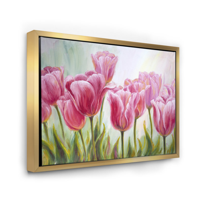 Tulipes, fleurs, peinture sur toile, H 16 po x l 32 po x p 1 po, Cadre flottant doré