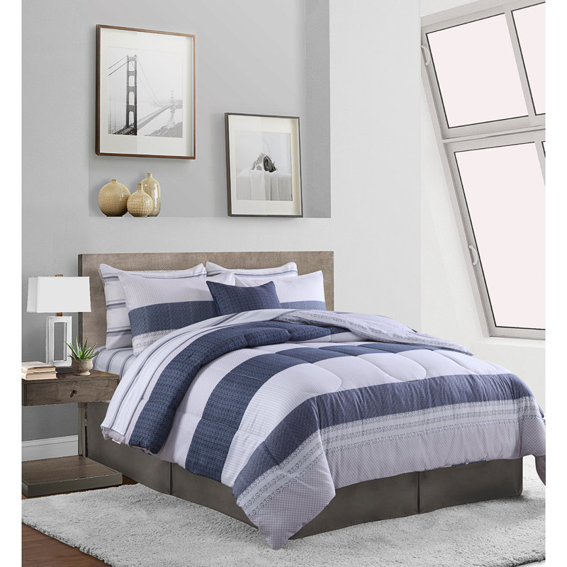 Nantucket Polyester Ring Stitch Striped Comforter, Full Comforter + 7 Additional Pieces, Denim